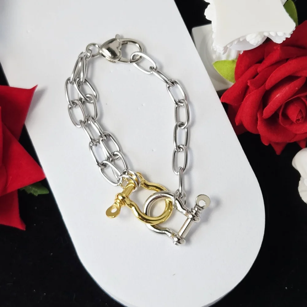 Two-Tone Chunky Paperclip Link Bracelet Silver Gold Horseshoe Shackle Carabiner
